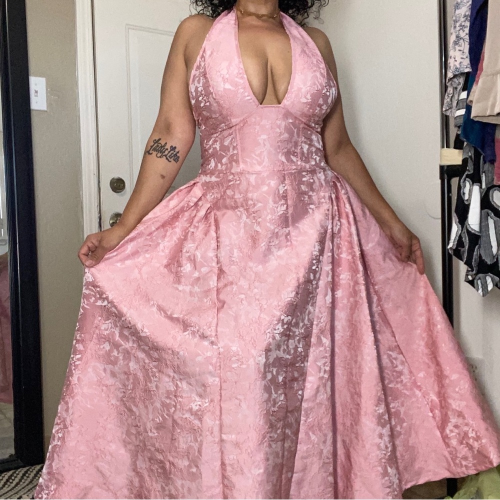 SheIn Pink Halter Neck Floral Brocade Flare Maxi Full Dress tie back gown